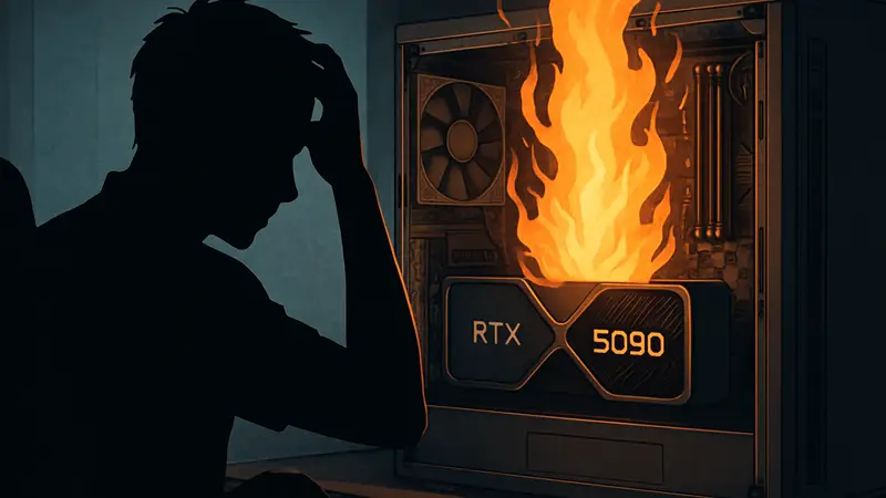 Горящая видеокарта RTX 5090 внутри системного блока ПК геймера.