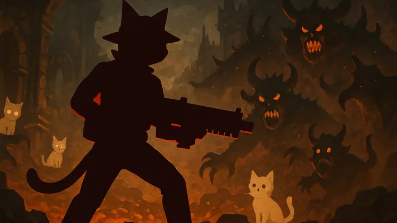 Главный герой MeowGun: Hell Denizen с оружием на фоне демонов и котят