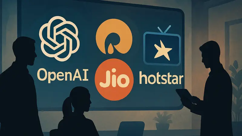 Логотипы OpenAI, Reliance и JioHotstar, символизирующие интеграцию искусственного интеллекта в стриминг-сервисы.