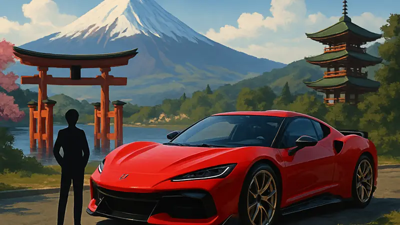 Гоночный автомобиль на фоне японского пейзажа из Forza Horizon 6, символизирующий плейлист «Welcome to Japan».