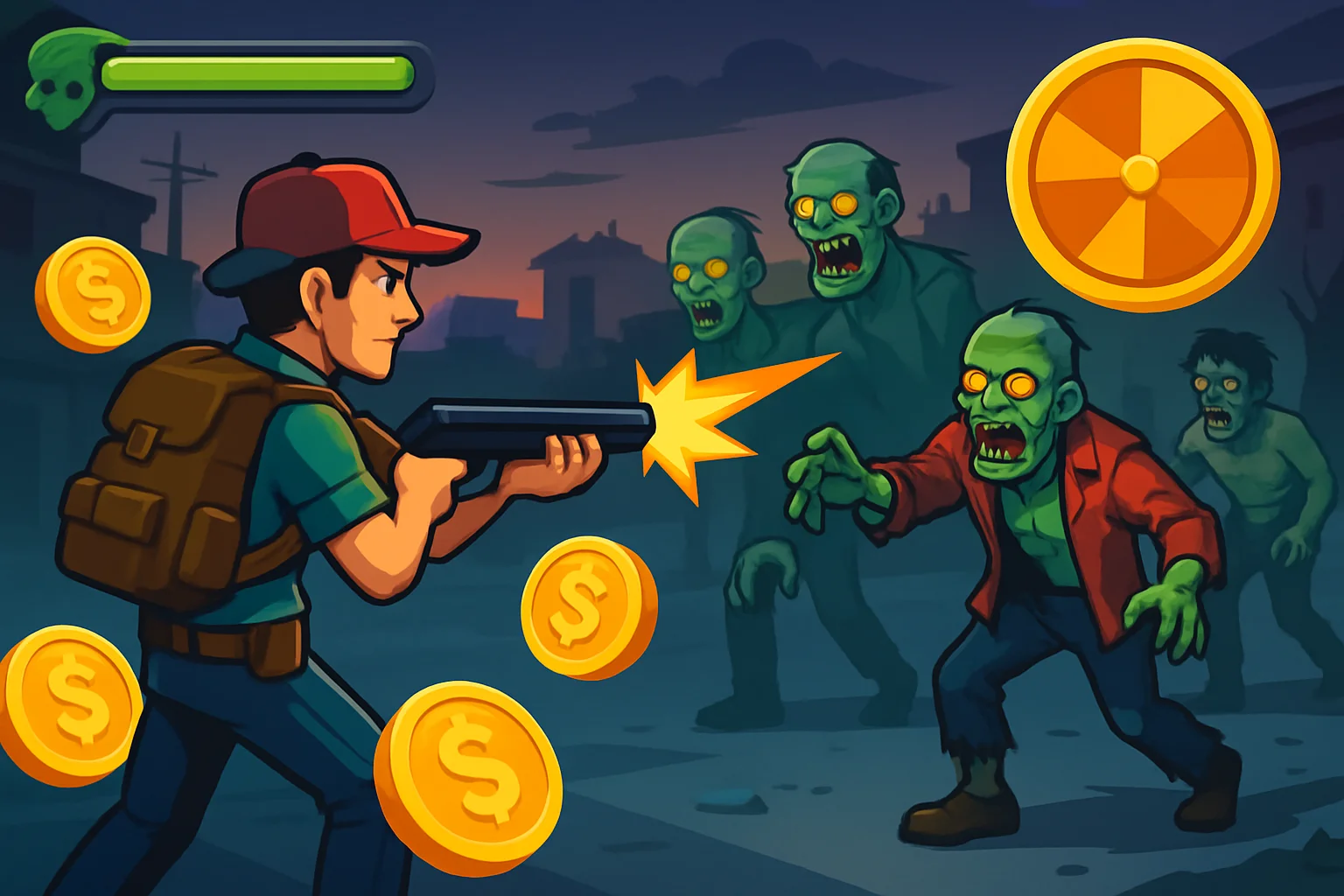 Изображение игрового процесса Hunty Zombie с элементами зомби, монет и вращений.