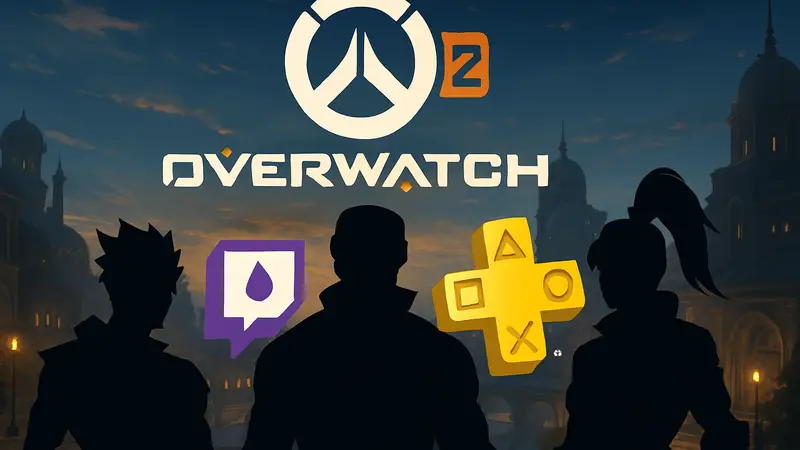 Логотип Overwatch 2 с эмблемой Twitch Drops и PlayStation Plus.