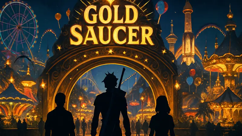 Изображение входа в Gold Saucer из Final Fantasy 7 Revelation, с яркими огнями и аттракционами.