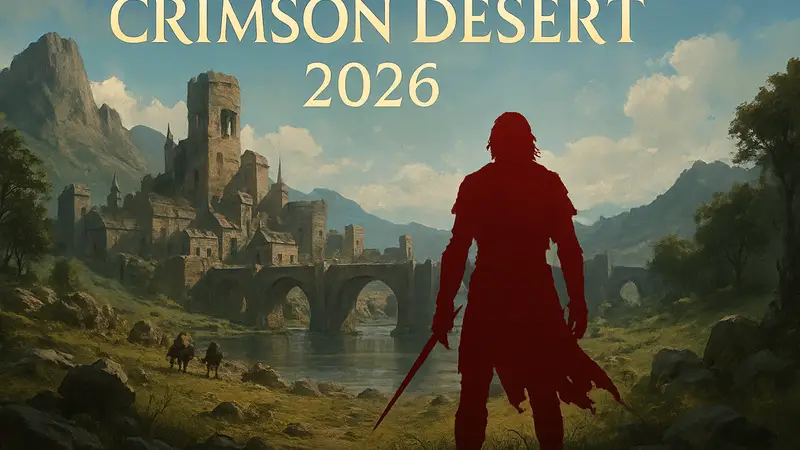 Обложка или ключевой арт Crimson Desert с логотипом игры и указанием даты выхода в 2026 году.