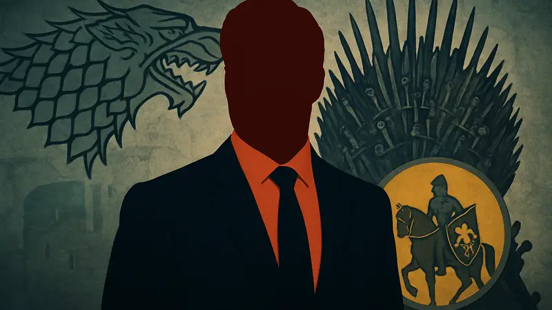 Генри Кавилл в костюме или на фоне символики сериала «Игра престолов» или «Рыцарь Семи Королевств»