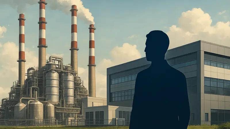 Крупная электростанция на природном газе с высокими трубами, работающая рядом с современным центром обработки данных.