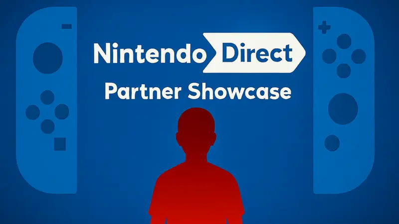 Логотип Nintendo Direct Partner Showcase на синем фоне с символами контроллера Switch.