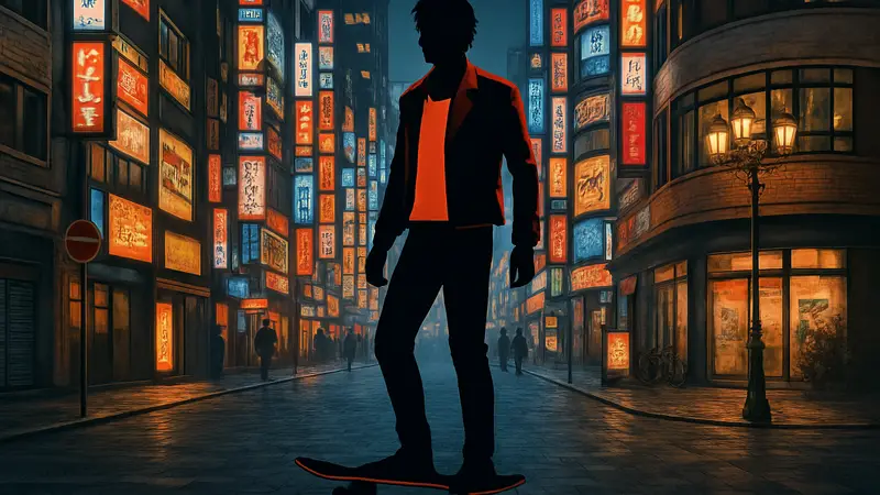 Главный герой игры Lost Judgment, детектив Такаюки Ягами, стоящий на скейтборде в городе Камурочо.