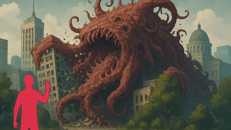 Игровой процесс In Full Bloom: гигантская биомасса поглощает здания и объекты на своём пути.