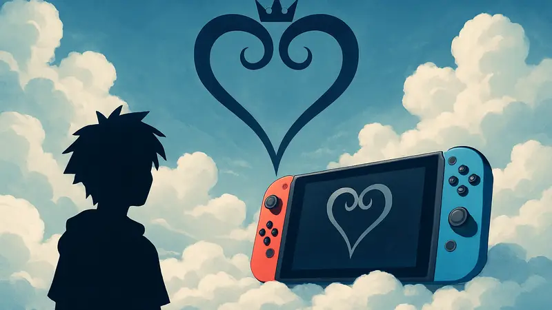 Логотип Kingdom Hearts на фоне облаков и консоль Nintendo Switch. Облачные игры, демо-версии.