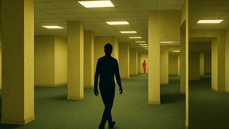 Желтые коридоры крипипасты The Backrooms, символизирующие ее историю и эволюцию.