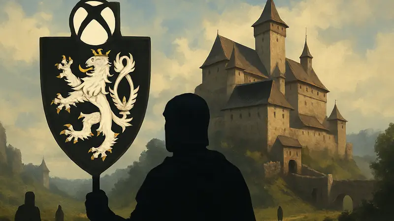 Герб королевства из Kingdom Come: Deliverance на фоне средневекового замка, символизирующий обновление для консолей.