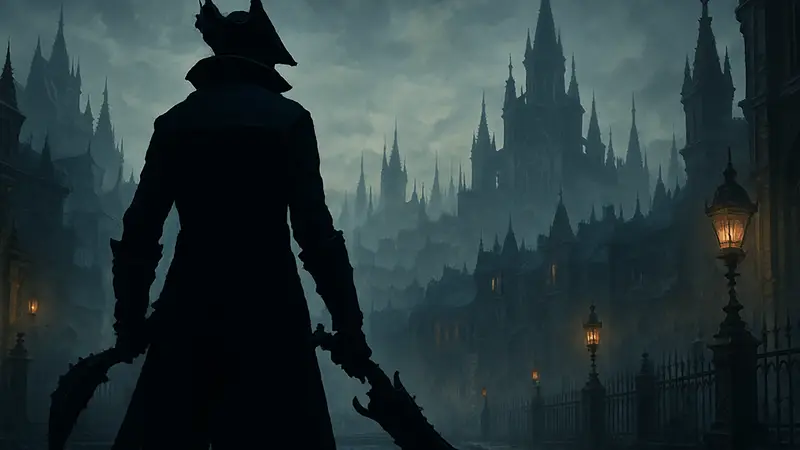 Обложка игры Bloodborne, главный герой в тёмной одежде с оружием на фоне готического города