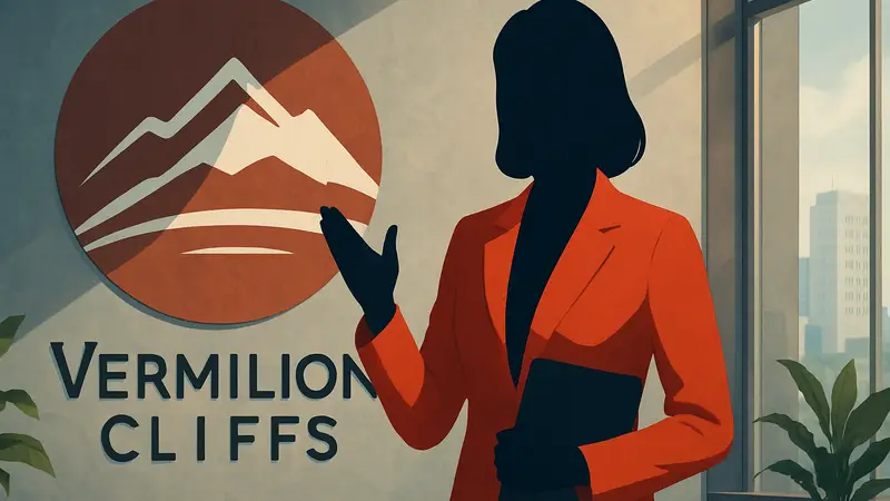 Бизнес-леди Эшли Смит на фоне логотипа Vermilion Cliffs Ventures, объявляющая о фонде.