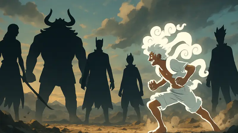 Луффи в Gear 5 против 5 Мифических Зоан-пользователей из One Piece на поле битвы.