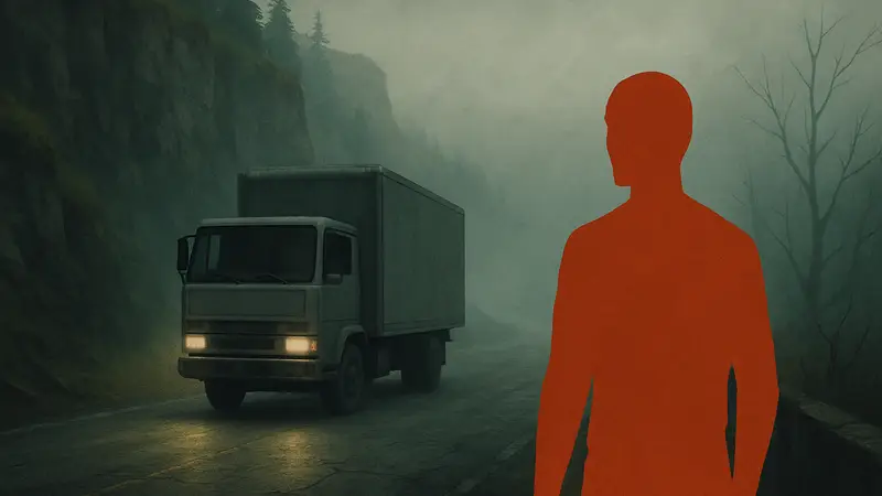 Обложка Easy Delivery Co. в стиле PS1, жуткая горная дорога, грузовик и туман.