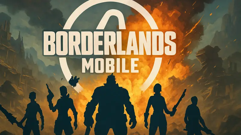Логотип Borderlands Mobile на фоне взрывов и персонажей.