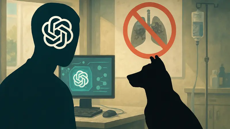 Иллюстрация: ChatGPT и собака, символизирующая ложные медицинские утверждения ИИ.