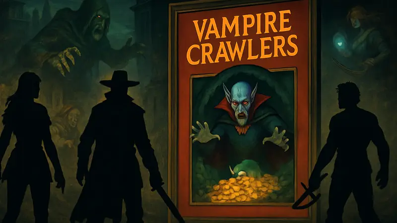 Обложка Vampire Crawlers с миллионным тиражом продаж, на фоне герои Vampire Survivors.