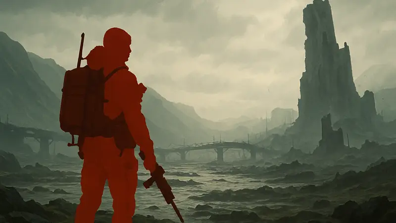 Сэм Портер Бриджес из игры Death Stranding 2 на фоне постапокалиптического пейзажа.