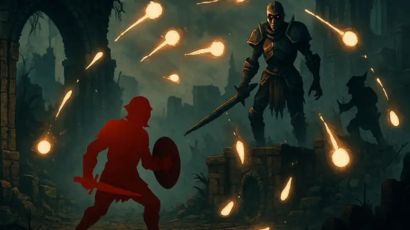 Игровой скриншот: рогалик, похожий на Dark Souls, с элементами bullet hell и Ghosts 'n Goblins.