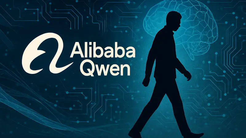 Логотип Alibaba Qwen на фоне абстрактных элементов ИИ, символизирующий уход техлида