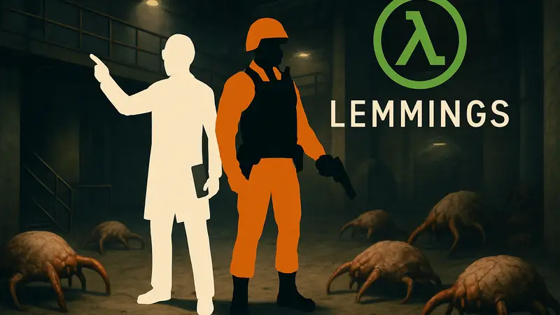 Учёный и охранник Half-Life в окружении голодных хедкрабов, логотип Half-Life: Lemmings.