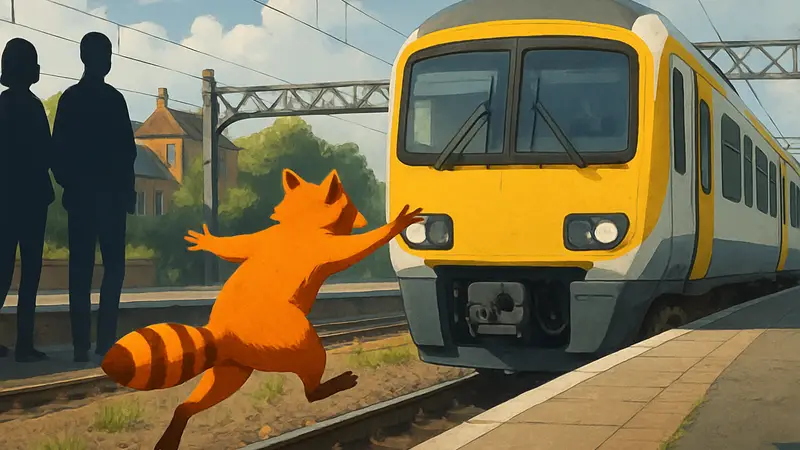 Енот пытается запрыгнуть в поезд в инди-игре Funi Raccoon, иллюстрация из игры