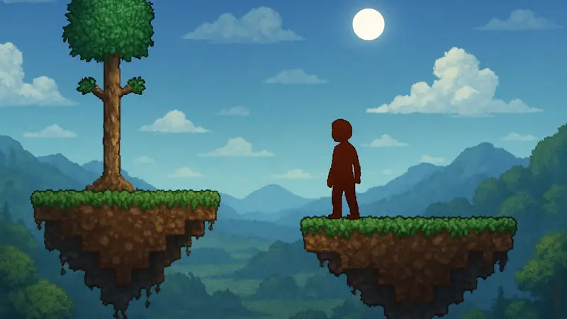Игровой процесс Skyblock в Terraria с видом на летающие острова и персонажа.