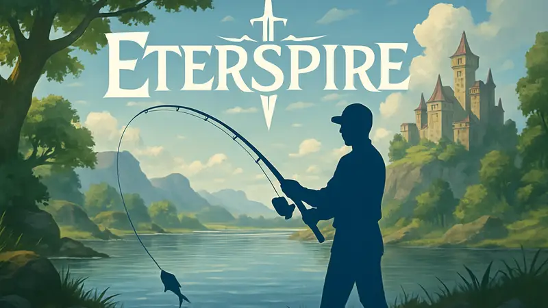 Персонаж MMORPG Eterspire ловит рыбу в игровом мире, на фоне стилизованный логотип.