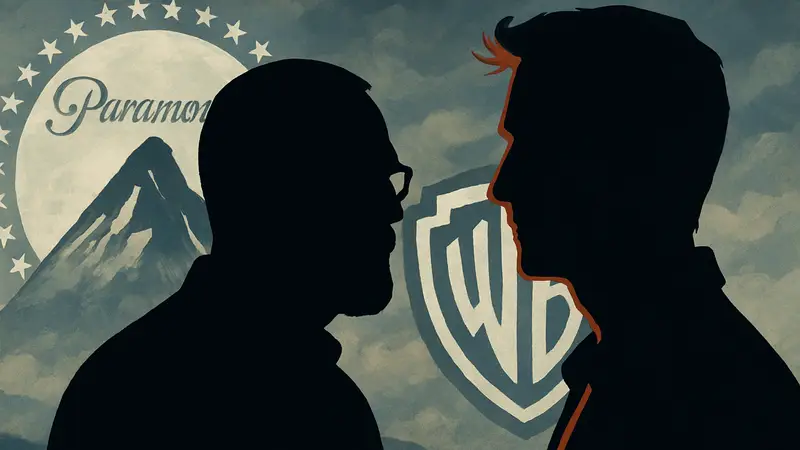 Портреты Дэвида Финчера и Ноа Уайли на фоне логотипов Paramount и Warner Bros.