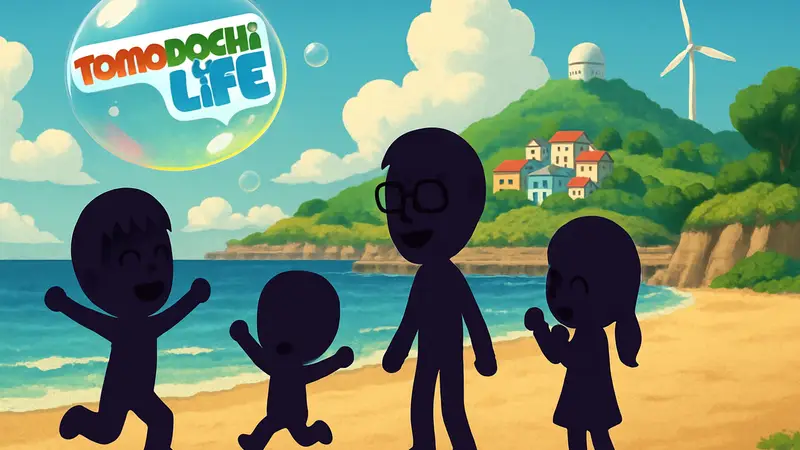Скриншот из Tomodachi Life: Living the Dream с весёлыми Mii-персонажами на острове.
