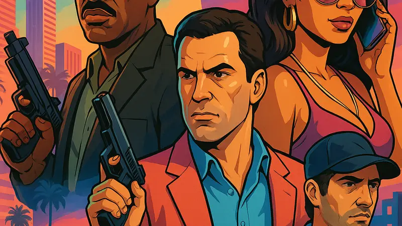 Логотип игры Grand Theft Auto VI или стилизованный арт с персонажами из серии GTA.