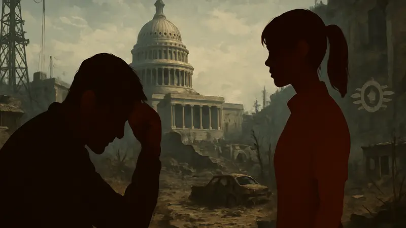 Персонажи Хэнк и Люси из сериала Fallout 2, изображенные в сложной семейной ситуации на фоне постапокалипсиса.