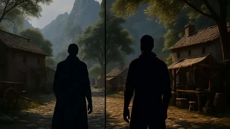 Сравнение графики Crimson Desert с трассировкой лучей и без, демонстрирующее улучшенное освещение и тени