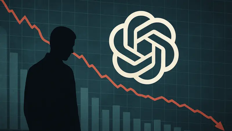 График падения загрузок ChatGPT или логотип OpenAI на фоне графика