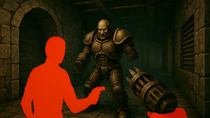 Скриншот из игры Chasm: The Rift с видом от первого лица, демонстрирующий футуристического врага и оружие, FPS.