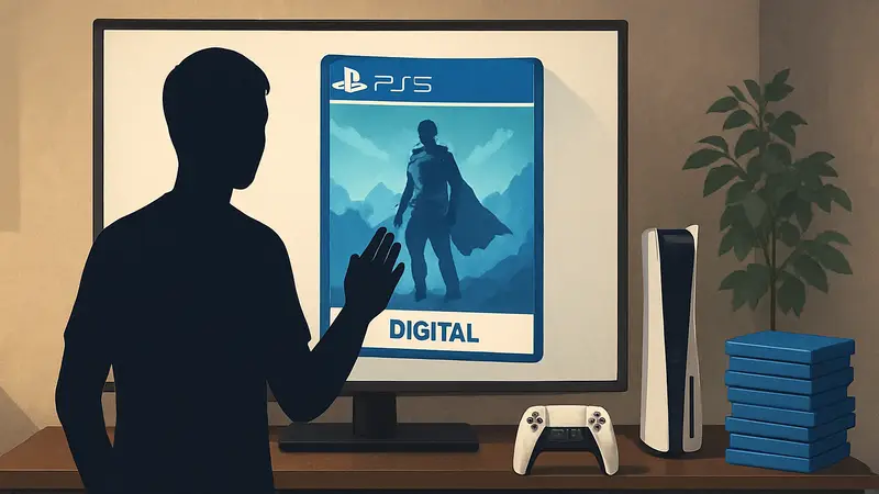 Цифровая обложка игры для PlayStation на экране, символизирующая доминирование цифровых продаж над физическими копиями.