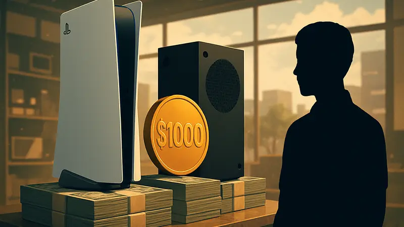 Концепт-арт консолей PlayStation 6 и Xbox нового поколения, символизирующий их ожидаемую высокую цену