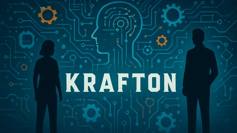 Изображение логотипа Krafton на фоне абстрактных ИИ-элементов, символизирующих технологии.