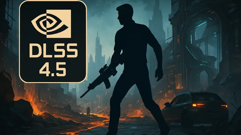 Логотип NVIDIA DLSS 4.5, улучшенная графика, высокая производительность в играх с трассировкой пути.