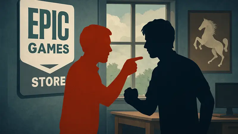Логотип Epic Games Store и разработчик Santa Ragione, символизирующий конфликт из-за "гостинга".