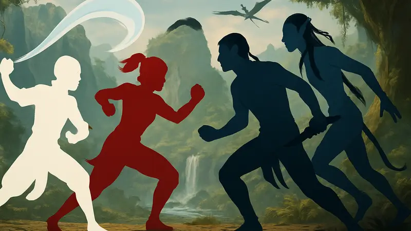 Аанг и Корра из Avatar: Legends сражаются с Джейком Салли и На'ви из «Аватара» Кэмерона.