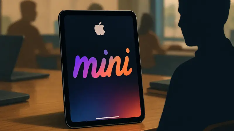 Компактный планшет Apple iPad Mini с включенным экраном, лежащий на столе.
