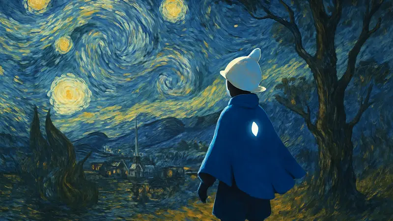 Игровой персонаж Sky: Children of the Light внутри картины Винсента Ван Гога.