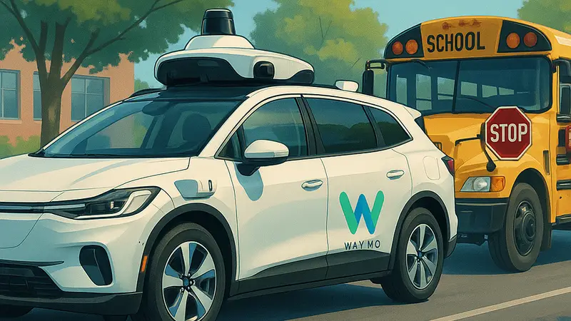 Беспилотный автомобиль Waymo проезжает по улице, на заднем плане видно школ ьный автобус с остановкой