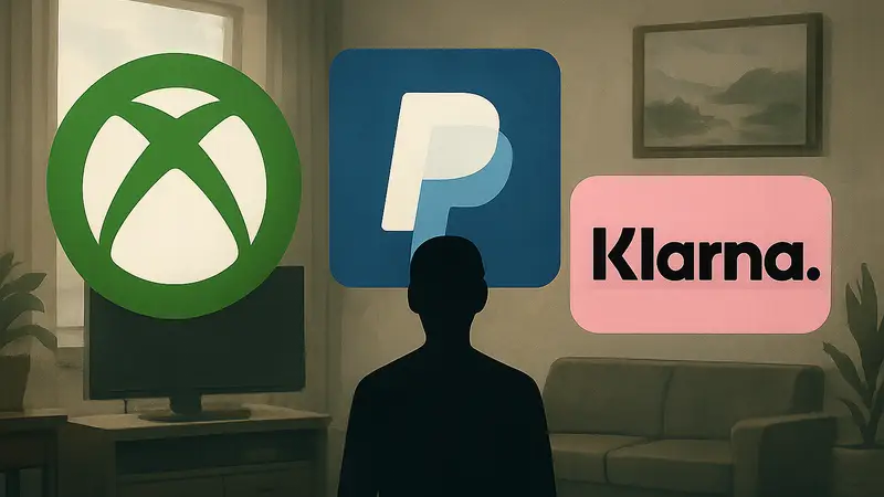 Логотипы Xbox, PayPal и Klarna, символизирующие новые платежные методы