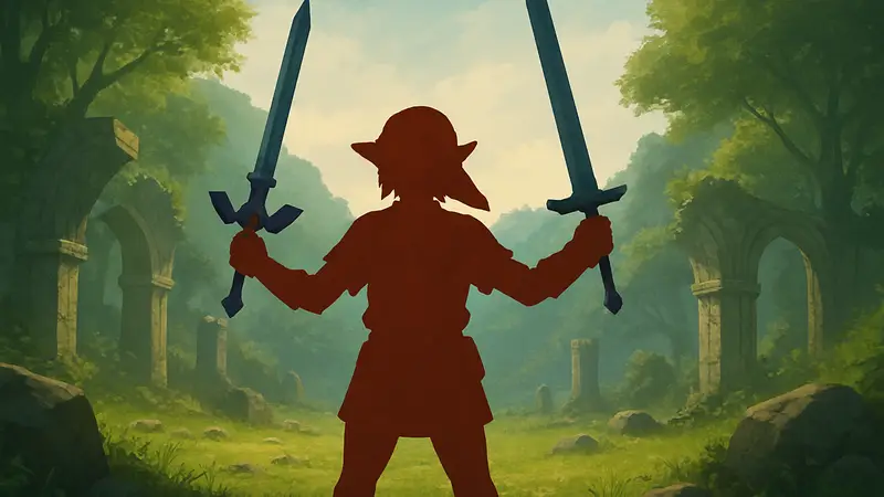 Линк из The Legend of Zelda, держащий в руках Мастер Меч и Меч Биггорона для сравнения.
