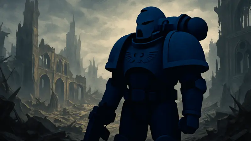 Космический десантник из Warhammer 40,000 на фоне разрушенного города, символизирующий тайны вселенной
