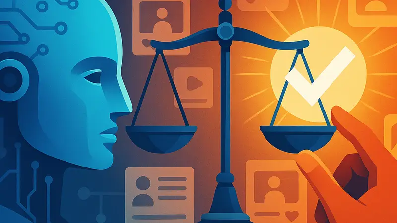 Изображение, символизирующее искусственный интеллект и правду в цифровом мире, возможно с элементами видеокамер или соцсетей.